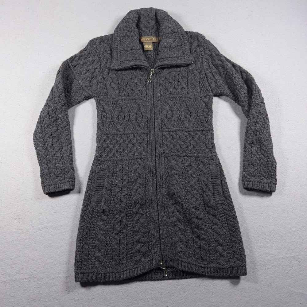 Inis Crafts Ireland Cardigan Women Small Full Zip Cable Knit Gray Merino Long